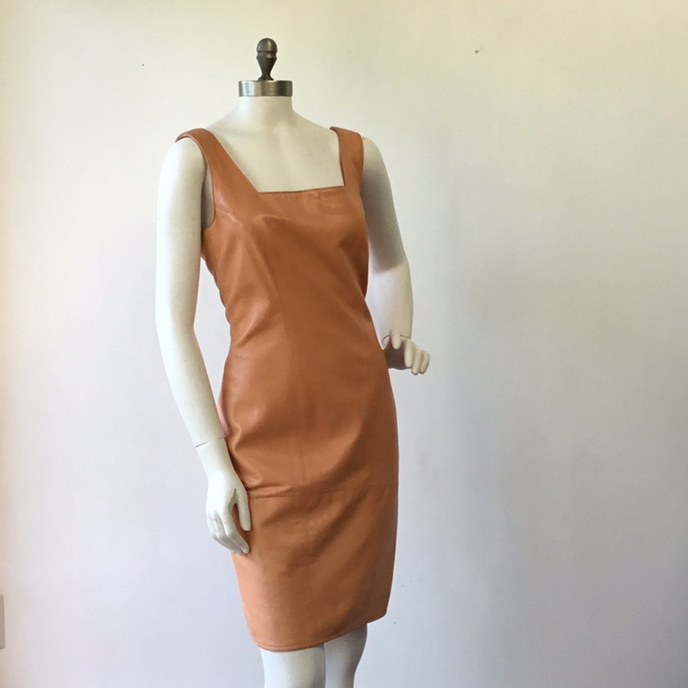 Vakko Leather Tangerine Square Cut Back Dress 8